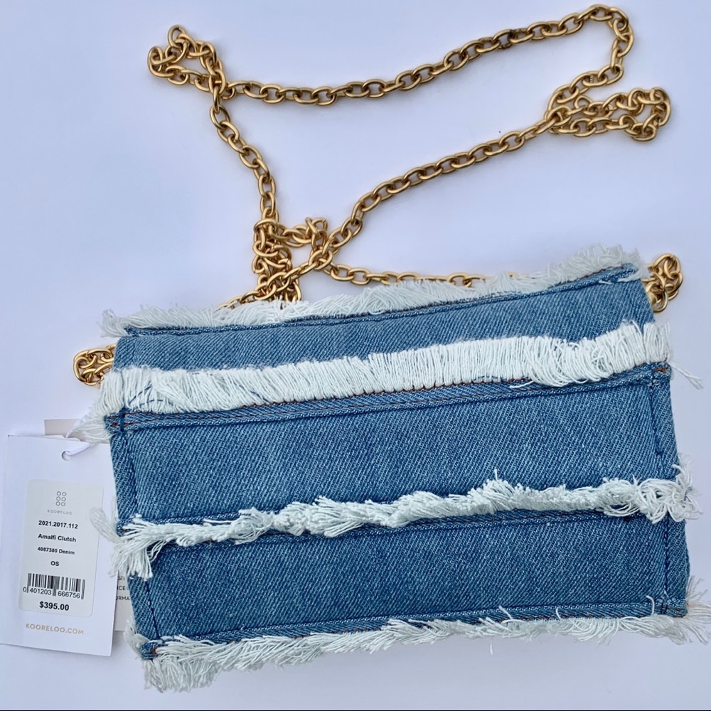 Kooreloo Amalfi Fringe Denim Crossbody Bag Gold Chain Blue - Picture 5 of 11